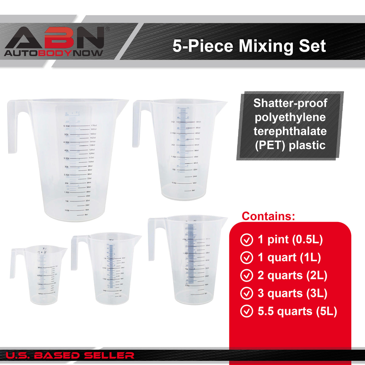 Plastic Automotive Paint Mixing Cups 5pc Resin Measuring Pitcher Set