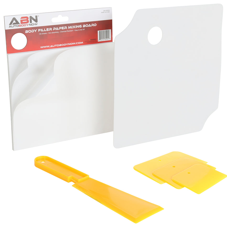 Plastic Body Filler Mixing Kit - Scraper and 100 Sheets Mix Boards