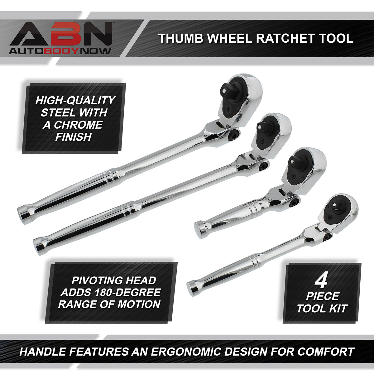 4pc Ratchet Wrench Tool 1/4 1/2 and 3/8in Thumb Wheel Ratchet 72-Tooth