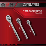 3 Piece Ratchet Wrench Tools - Thumb Wheel Ratchet Set 3/8 1/4 1/2in