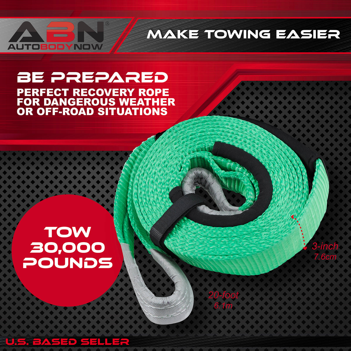 20 Foot Recovery Strap - 3in by 20ft Offroad 30000 lbs Tow Strap