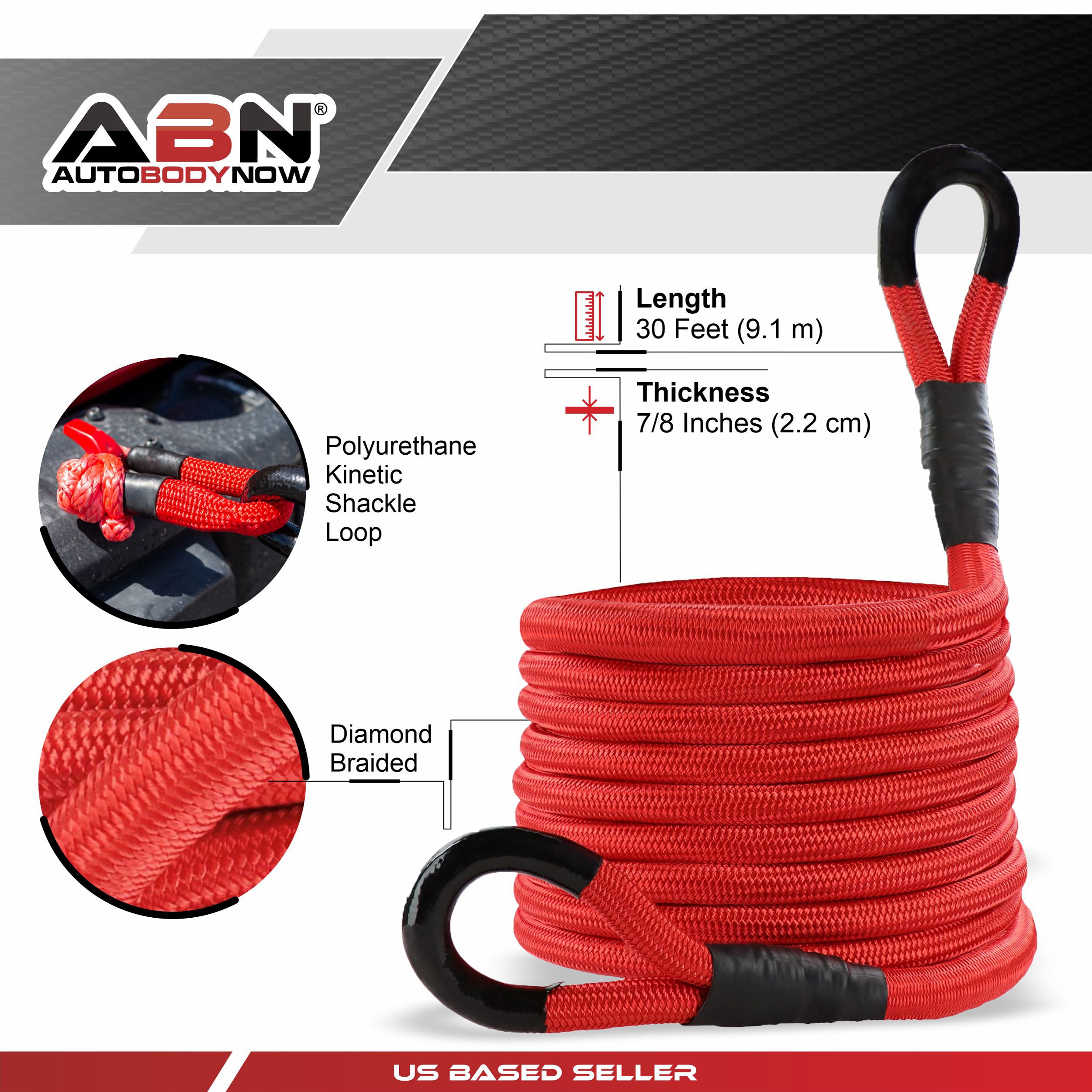 7/8in x 30ft Kinetic Tow Rope Recovery Strap and Soft Shackle Recovery