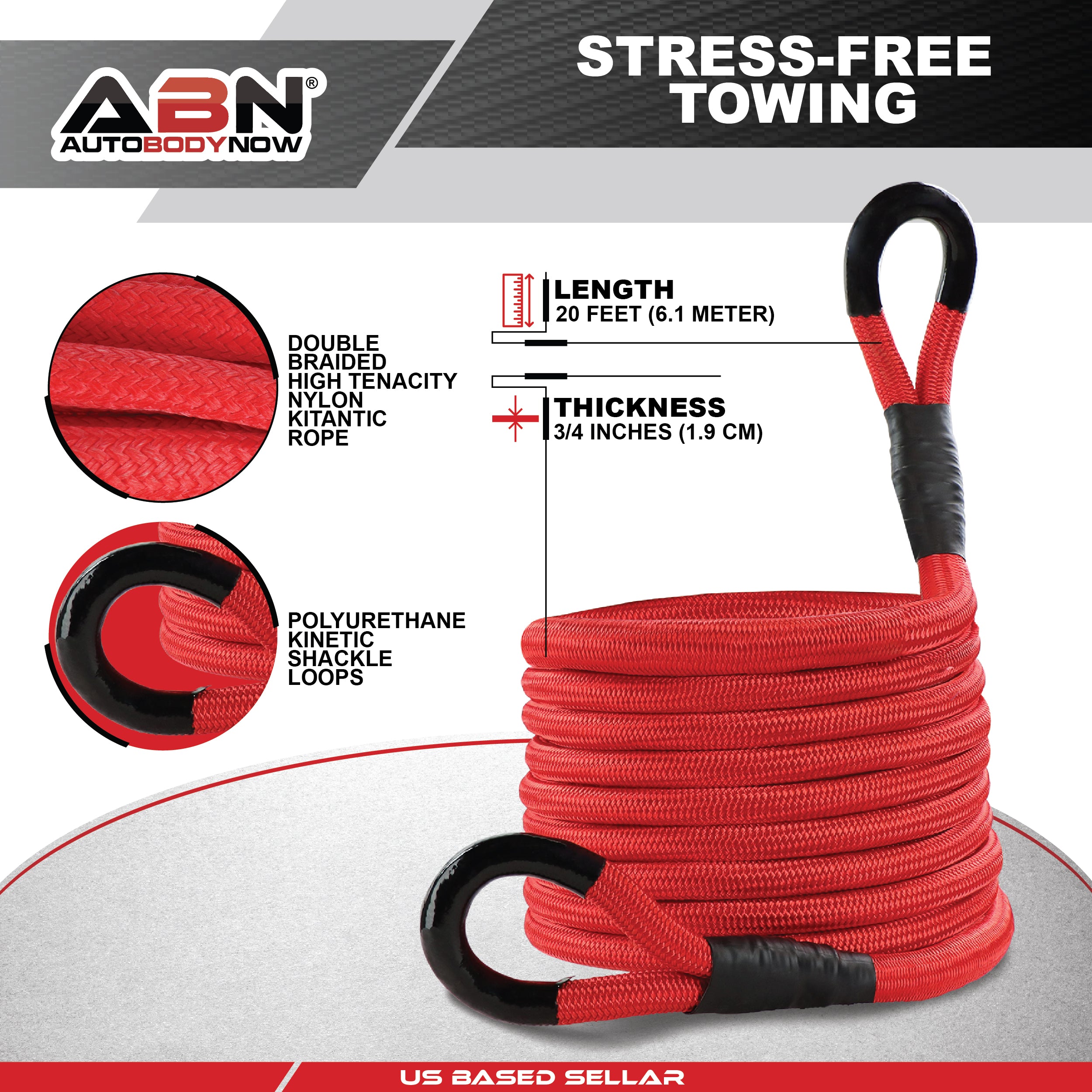 Kinetic Energy Recovery Rope Kit - 20ft Tow Rope and 6in Soft Shackles