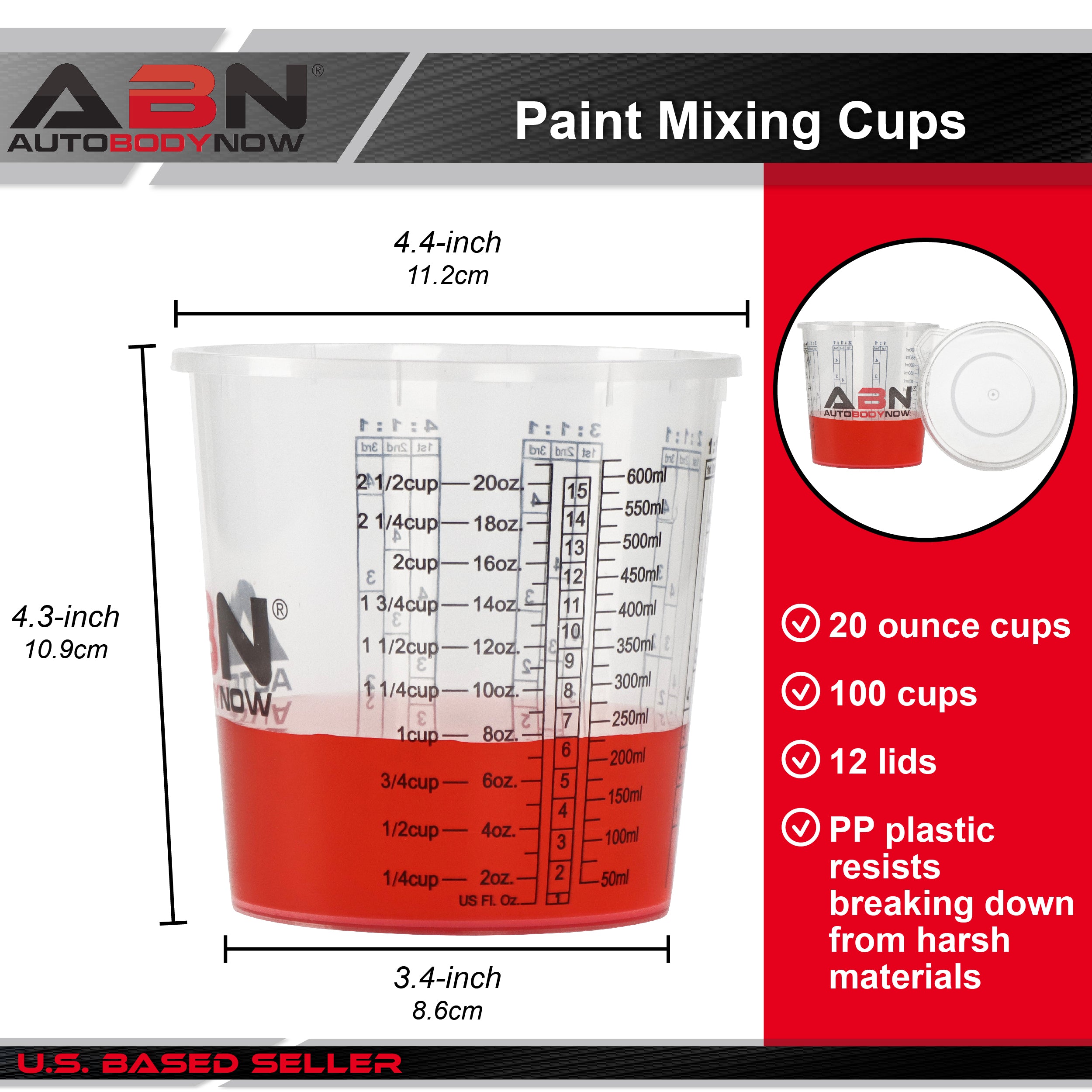 Resin Supplies - 100pk 20oz Epoxy Mixing Cups for Paint with 12 Lids