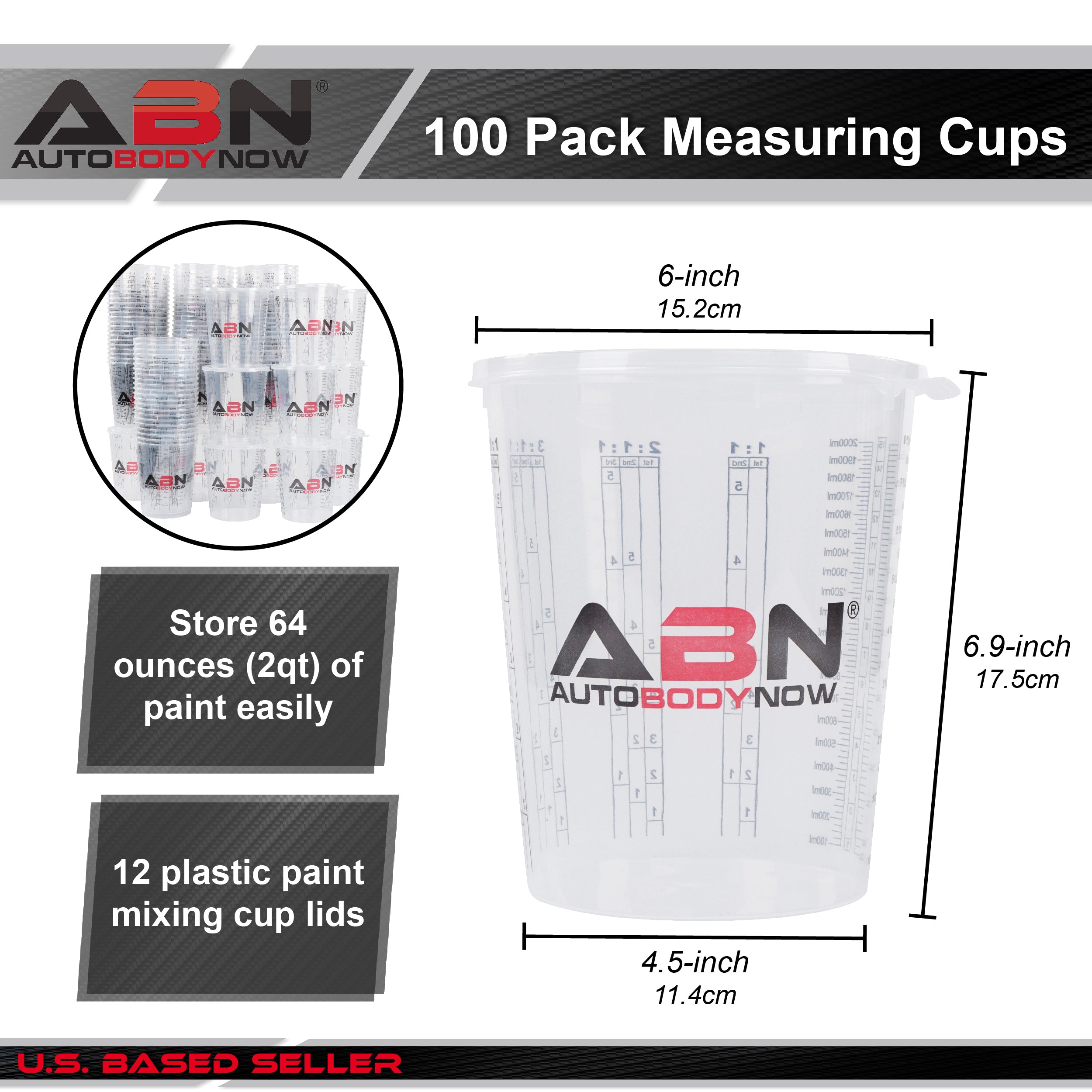 Automotive Paint Mixing Cups - 100pc 64oz Plastic Measuring Cups