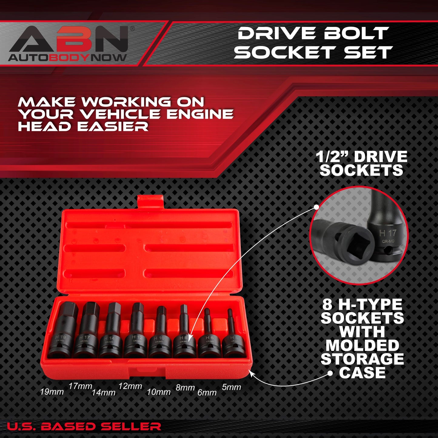 ABN 1/2 Inch Engine Head Bolt Sockets 8PC Metric Auto Mechanic Socke