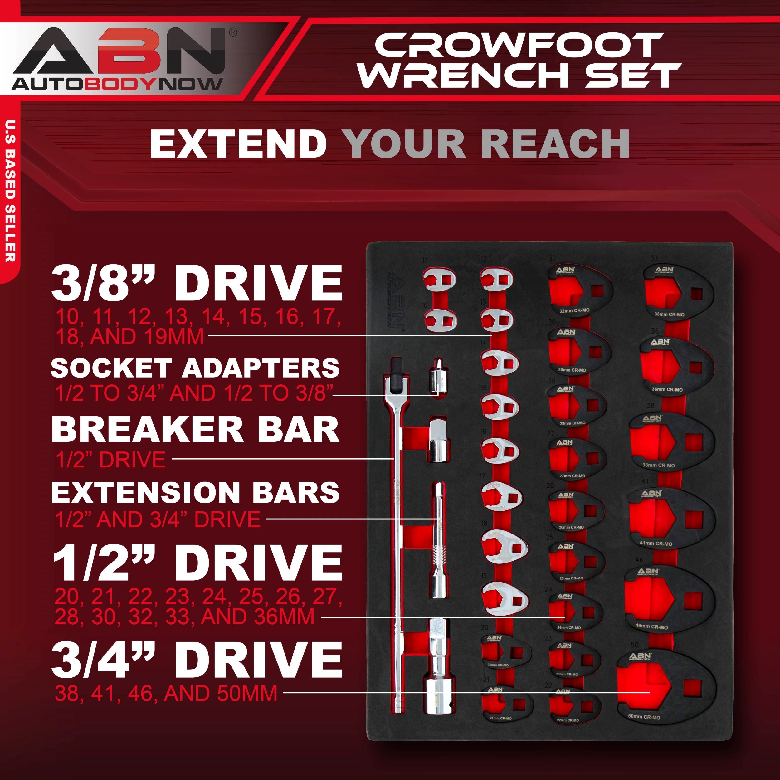 Crows Feet Wrench Set - 32pc Metric Tight Offset Brake Line Wrenches