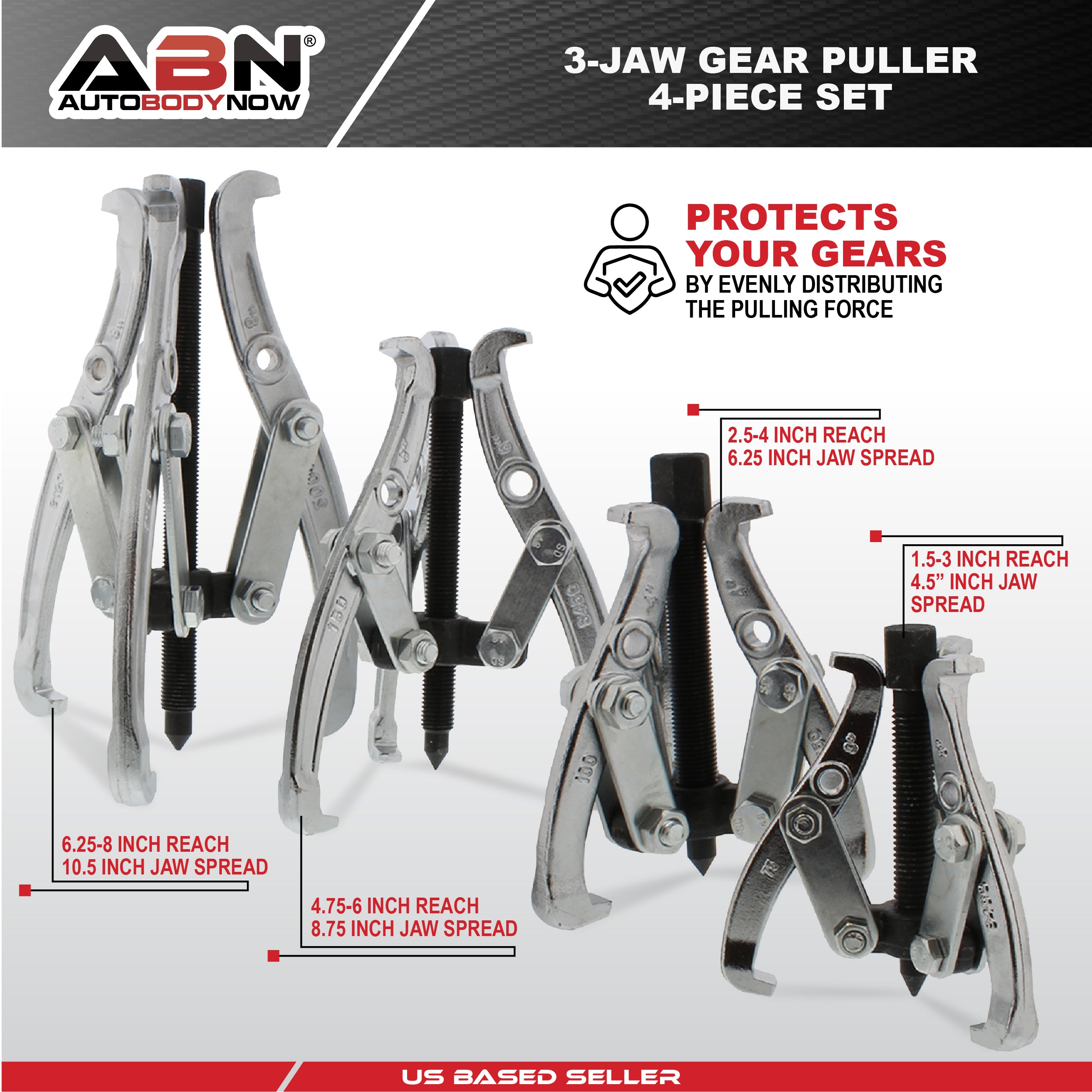 3-Jaw Gear Puller 4-Piece Set Removal Kit for Gears, Pulley, Flywheel