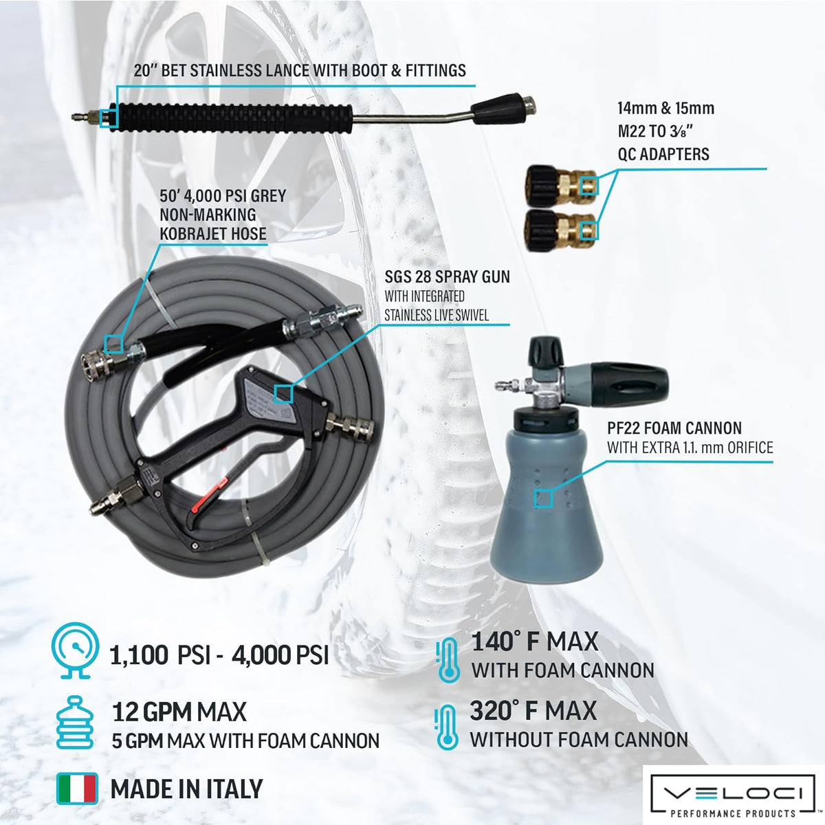 PF22 Wide Mouth Foam Cannon Kit SGS28 Spray Gun Kobrajet 50' Grey Hose