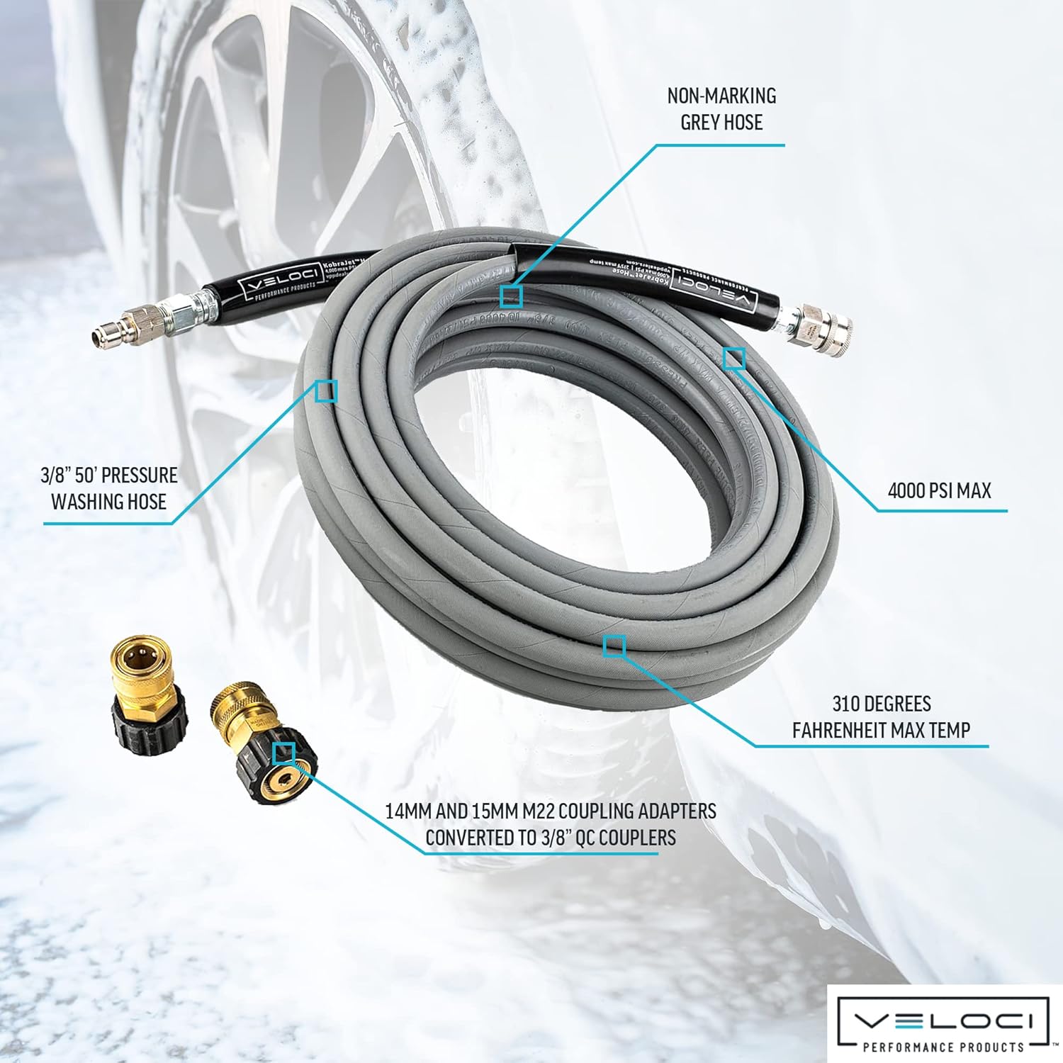 Kobrajet High Pressure Washer Hose Kit 3/8” 4000 PSI 50’ M22 Couplings