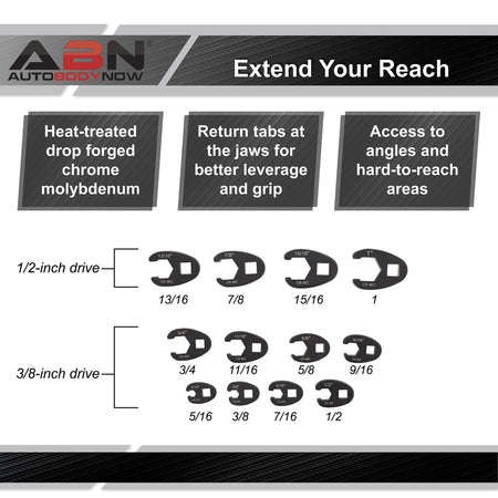 Jumbo Crowfoot Flare Nut Wrench Set SAE 12pc 3/8" 1/2" Drive Ratchet