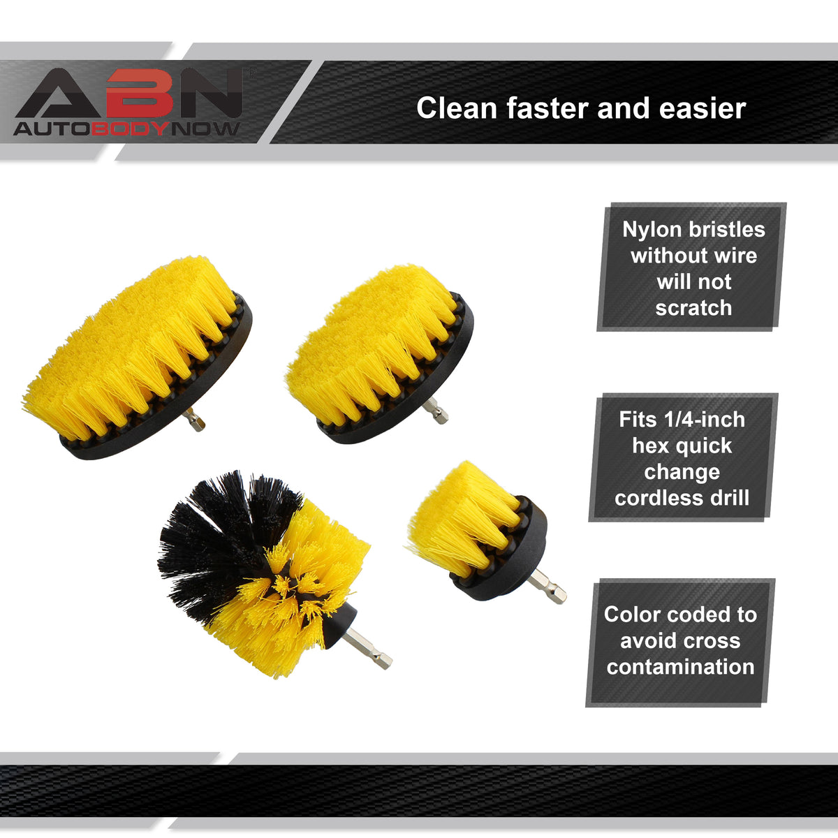 1/4in Drive Power Scrubber Detailing Brush Set 4pc Yellow Med Bristle