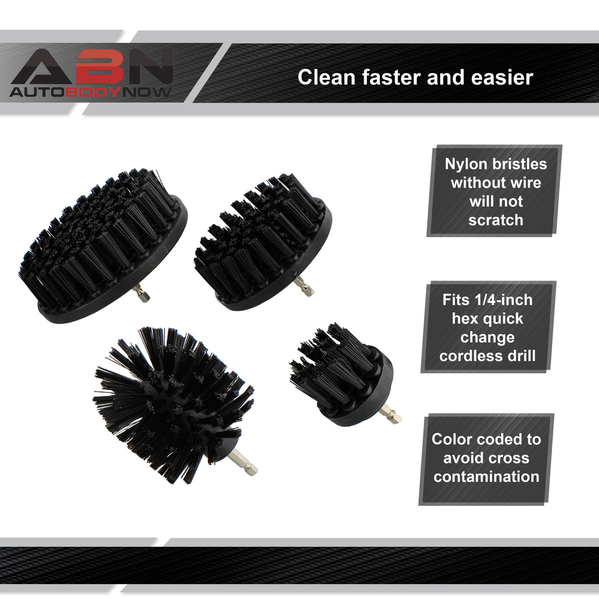 1/4in Drive Power Scrubber Detailing Brush Set 4pc Black Hard Bristle