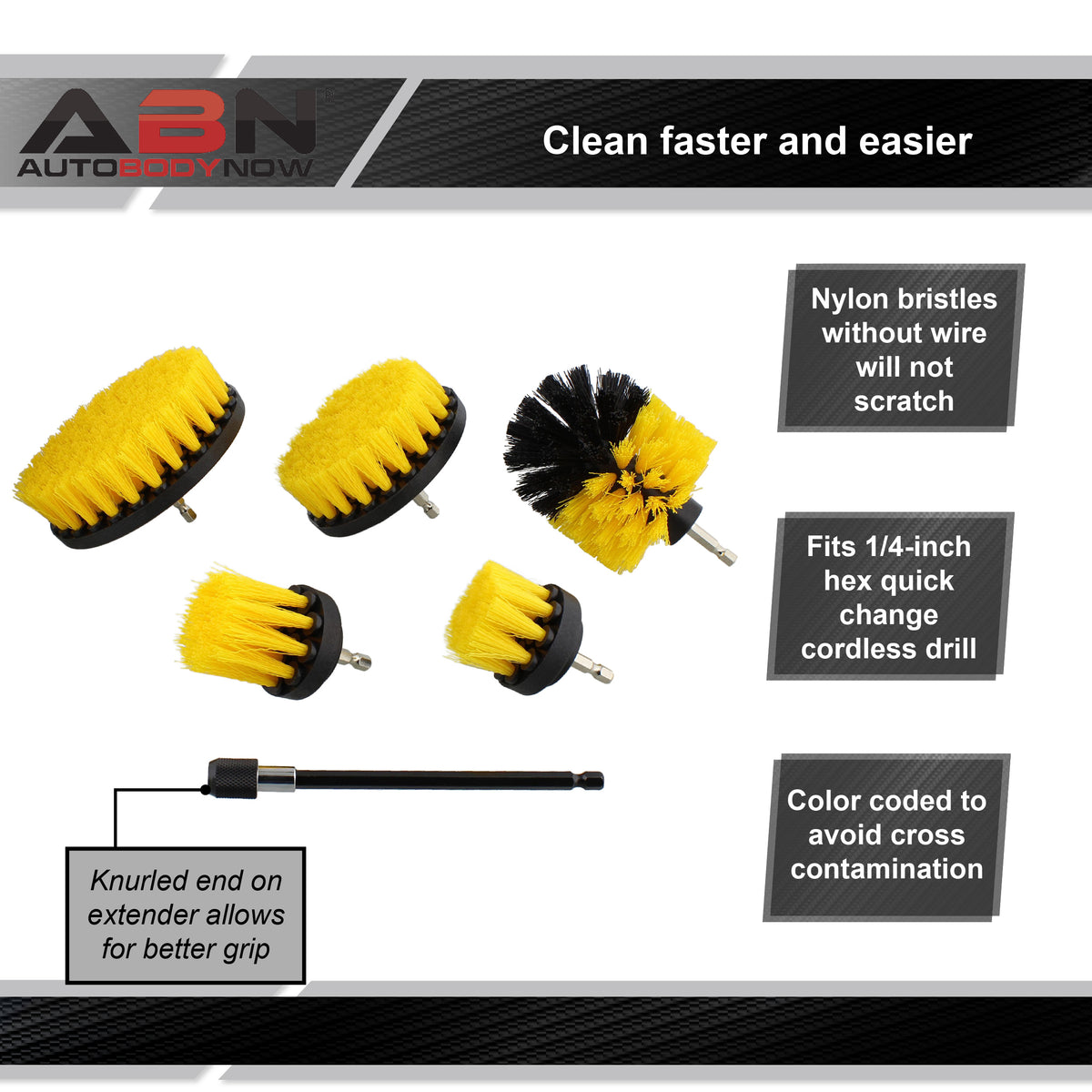 5pc Yellow Medium Bristle Scrubber Drill Brush 1/4in Dr with Extension