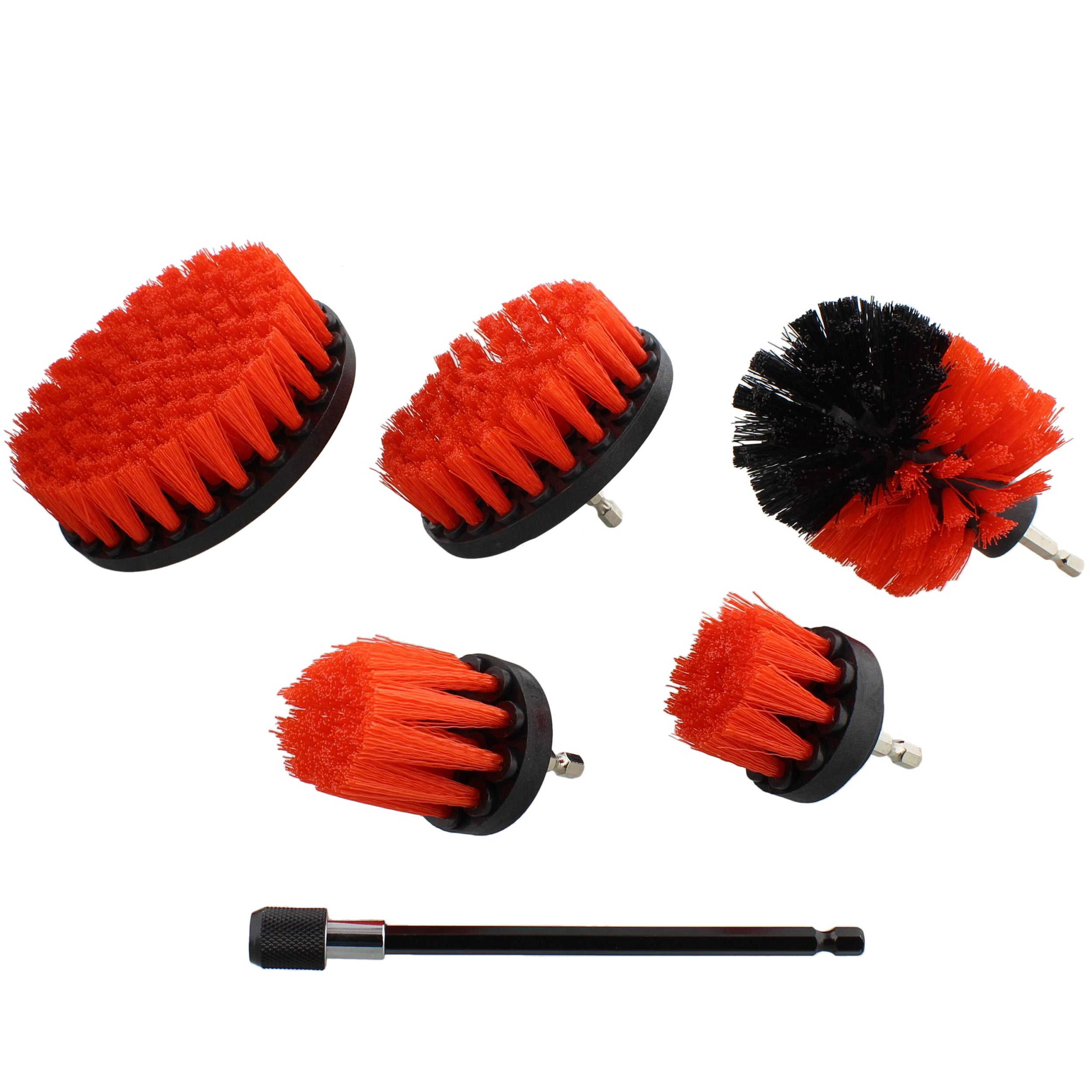 5pc Red Stiff Bristle Scrubber Drill Brush 1/4in Dr with Extension