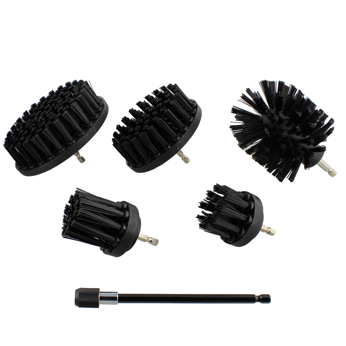 5pc Black Hard Bristle Scrubber Drill Brush 1/4in Dr with Extension