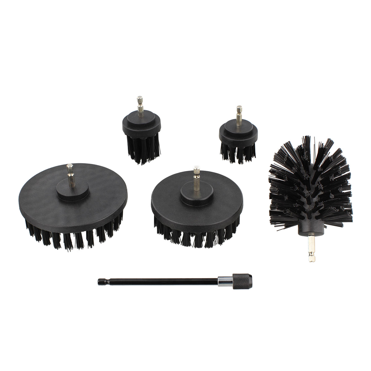 5pc Black Hard Bristle Scrubber Drill Brush 1/4in Dr with Extension