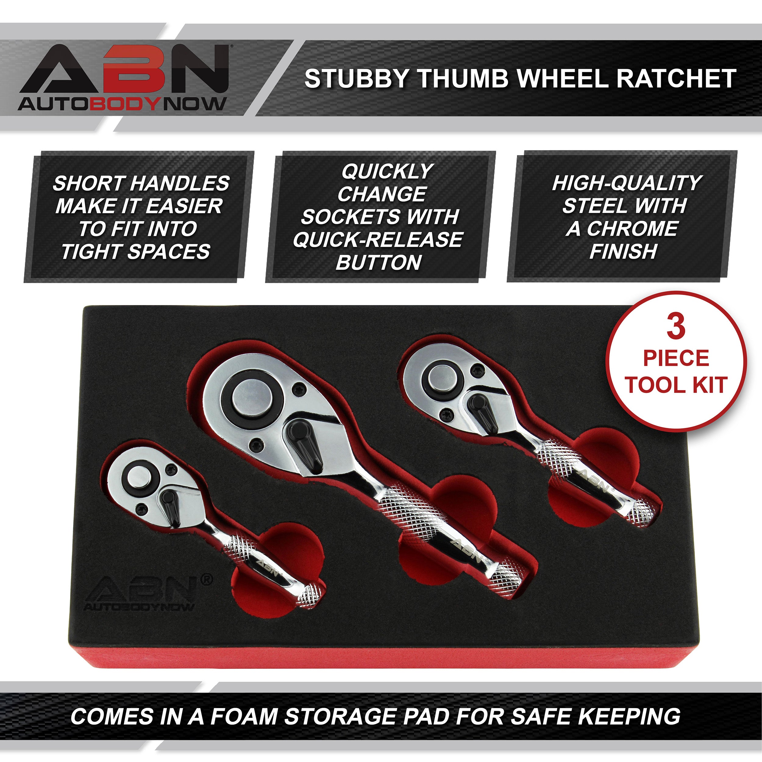 Stubby 3 Piece Ratchet Tools - Thumb Wheel Ratchet Set 3/8 1/4 1/2in