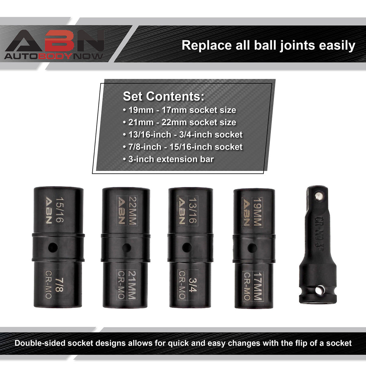 Double Side Lug Nut Socket Set, 5Pc - 1/2in Drive Flip Impact Sockets