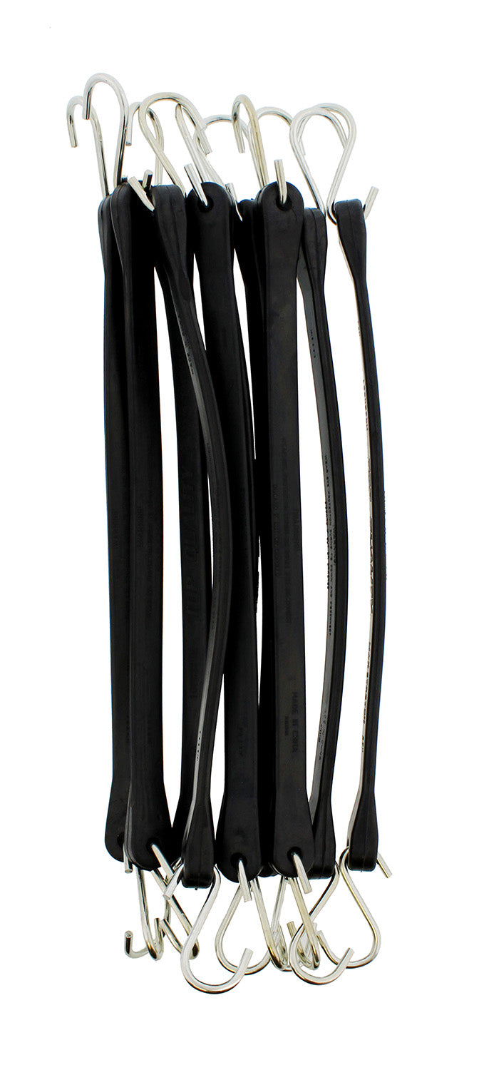 EPDM Rubber Straps with Hooks - 15in Black Rubber Bungee Cords, 10Pk